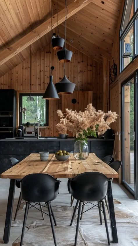 Cozy Elegance: 60 Scandinavian Cabin Interior Design You’ll Love – Decomagz Scandinavian Cabin Interior, Cabin Interior Ideas, Modern Cabin Interior, Scandinavian Cabin, Barndominium Interior, Cabin Interior Design, Black Farmhouse, Tiny House Loft, Cabin Interiors