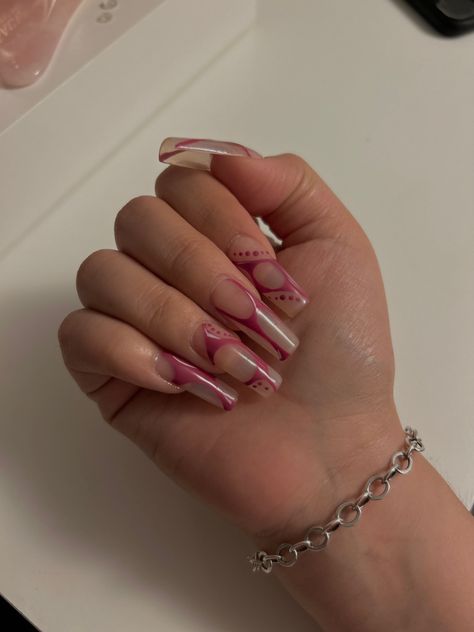 Pink abstract lines with dots #gelxapres #nails #nailart #nailideas #naildesign #y2k #aesthetic #nailartdesign #pinknails #nailsathome #jamesavery #nudenails #gelextensions #trandynails Pink Cute Nails, Nails Abstract, Gel Extensions, Pink Abstract, Nails At Home, Abstract Lines, Y2k Aesthetic, Nude Nails, Nails Nailart