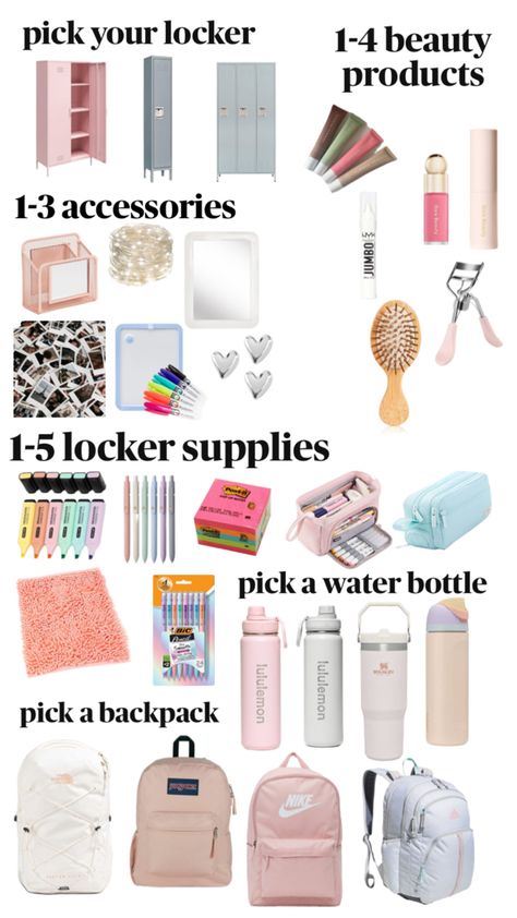 Pick out things to have in your locker!! 🤍😊 Vintage Classy Outfits, Summer Bag Essentials, Road Trip Kit, School Backpack Essentials, Making A Gift Basket, Preppy School Supplies, School Routine For Teens, Everyday Bag Essentials, Pretty School Supplies