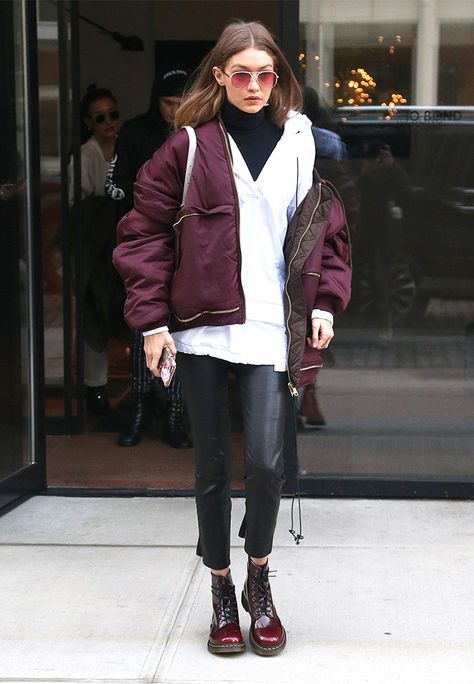 Gigi Hadid has a new favorite flat boot style, and she's been wearing this affordable brand from NYC to Paris. See and shop them here. Red Doc Martens, Boots With Jeans, Doc Martens Outfits, Martens Outfit, Dr Martens Outfit, Doc Martens Style, Ankle Boots With Jeans, Martens Style, How To Wear Ankle Boots