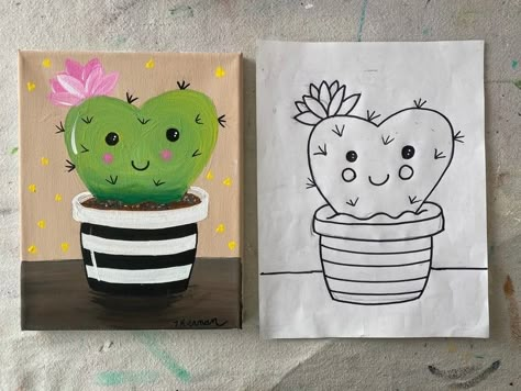 Heart Cactus, Kids Painting Party, Kids Canvas Painting, Succulent Painting, Unicorn Painting, Friendship Photos, Cute Cactus, Paint Nite, Acrylic Painting Lessons