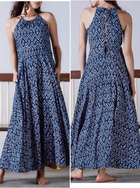 Halter neck long dress with back peephole Cotton Dress Pattern, Simple Frock Design, Simple Frocks, Simple Kurta Designs, Simple Kurti Designs, Frock For Women, Stylish Short Dresses, Long Kurti Designs, Kurti Design