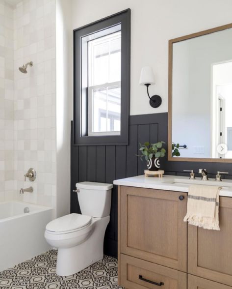 Black and white with oak interior design moments to inspire as well as neutral decor finds for your home to keep things simple and calm. Small Farmhouse Bathroom, Colorful Tile, White Bathroom Designs, Classic Cottage, Small Farmhouse, Neutral Interiors, Boys Bathroom, Hello Lovely, Black And White Decor