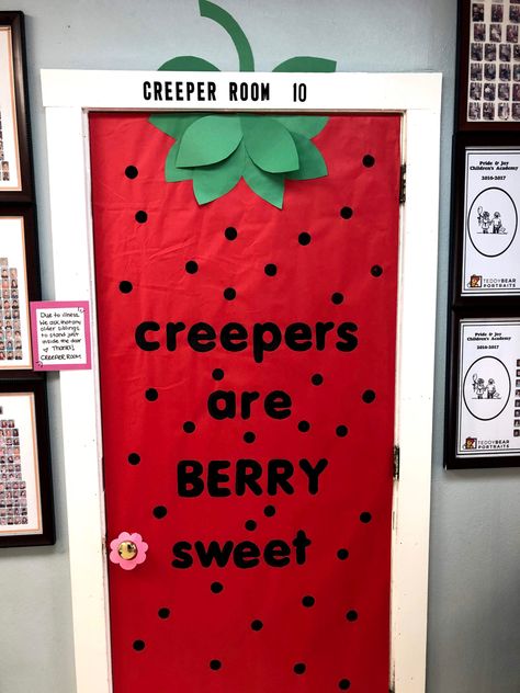 Classroom door decour Fruit Classroom Door Ideas, Food Door Decorations Classroom, Strawberry Classroom Door, Strawberry Classroom Theme, Red Day Decoration Ideas For Preschool, Red Classroom Decor, Red Classroom Theme, Red Classroom, Class Door Decorations