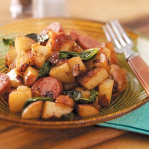 Potato Kielbasa Skillet Recipe -Smokey kielbasa steals the show in this hearty home-style all-in-one meal. This is perfect on those cold late fall and early winter nights. —Taste of Home Test Kitchen Potato Kielbasa Skillet, Potato Kielbasa, Kielbasa Skillet, Couple Dinner, Kielbasa And Potatoes, Iron Recipes, Skillet Dishes, Sheet Pans, Mexican Foods