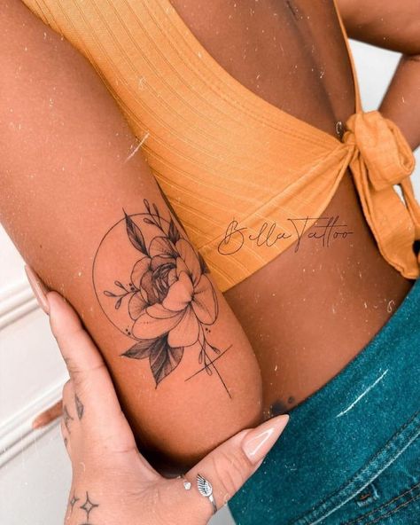 Geometric Feminine Tattoo, Tattoo On Arm For Women Half Sleeves, Women’s Quarter Sleeve Tattoo Ideas, Woman’s Arms Tattoos, Tattoo Back Of Arm Above Elbow, Back Arm Tattoos For Women, Back Of Upper Arm Tattoo Women, Woman Empowerment Tattoos, Women’s Arm Tattoos