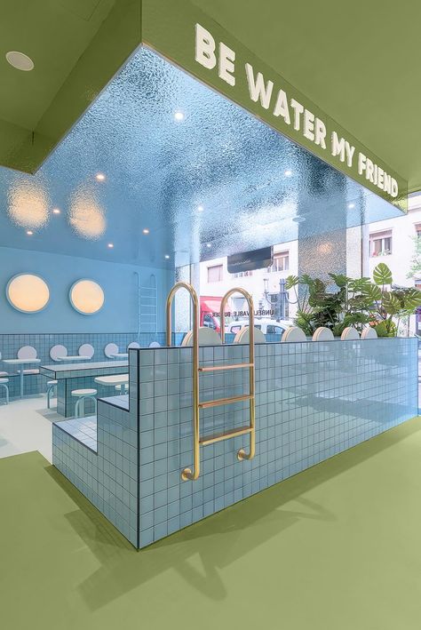 Water Shop Interior Design, Studio Store Design, Swimming Pool Interior, Pizza Business, Water Bar, Hamburger Restaurant, Les Benjamins, Kentish Town, Pastel Design