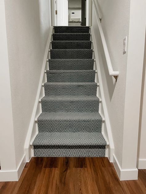 blue stair runner Carpet Basement Stairs, Carpeted Basement Stairs, Basement Addition, Basement Stairs Ideas, Track Lighting Kitchen, Front Hallway, Stair Makeover, Basement Living Rooms, Basement Stairs