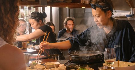 At Shabushabu Macoron, the informal, do-it-yourself Japanese hot pot tradition becomes a refined and intimate meal. Japanese Chef Aesthetic, Ramen House, Street Restaurant, Street Food Design, Bistro Design, People Street, Chef Styles, Asian Street Food, Japanese Photography