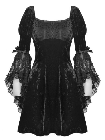 Black Gothic Princess Bell Lace Sleeves Velvet Short Dress - Devilnight.co.uk Dark Christmas Dress, Dark In Love Clothing, Black Sleeve Dress, Gothic Prom Dress, Mafia Princess, Head Turning Dress, Goth Dresses, Velvet Dress Short, Sleeved Velvet Dress