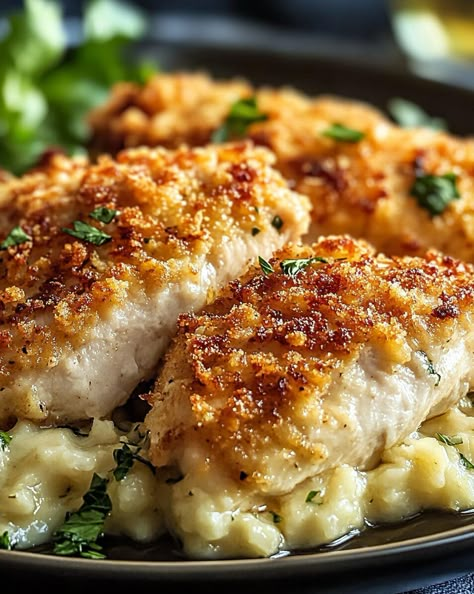 This Garlic Parmesan Crusted Chicken is a heavenly blend of crispy textures and savory flavors. The golden, crunchy topping, made from a mixture of Parmesan, panko, and garlic, locks in ... Read more Parmesan Crusted Chicken Cheesecake Factory, Parm Chicken Parmesan Crusted, Lemon Herb Crusted Chicken, Copycat Parmesan Crusted Chicken, Garlic Parm Crusted Chicken, Shredded Parmesan Recipes, Parmesan Crusted Chicken Bites, Chicken Panko Recipes, Parmesan Crusted Chicken Thighs