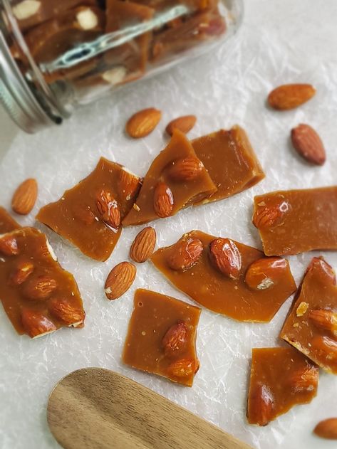 This old-fashioned Buttery Almond Crunch is somewhere between a hard-crack candy like brittle and a soft-crack candy like caramel with its crunchy, chewy Cashew Crunch, Katie Donnelly, Making A Cookbook, Butter Scotch, Toffee Crunch, Hot Candy, Almond Toffee, Almond Crunch, Almond Nut