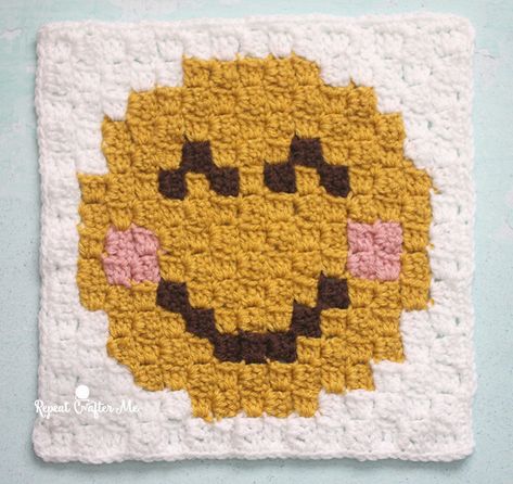 Smiley Face Emoji C2C square and pixel graph - Repeat Crafter Me Crochet Emoji, Heart Eyes Emoji, C2c Patterns, Smiley Face Emoji, Crochet C2c Pattern, Kiss Emoji, C2c Crochet Blanket, Crochet Graphs, Repeat Crafter Me