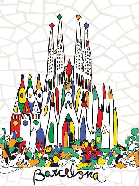 Barcelona Art Print, Sagrada Familia Drawing, Barcelona Drawing, Spain Illustration, Spain Drawing, Gaudi Art, Gaudi Mosaic, Barcelona Art, Tourism Design