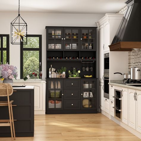 Buffet Cabinet In Kitchen, Storage Cabinet Dining Room, Pantry Cabinet Wall, Freestanding Kitchen Storage, Modern Kitchen Pantry, Cabinet Glass Doors, Pantry Furniture, Office Break Room, Kitchen Pantry Cabinet