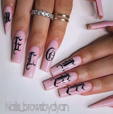 Old English Acrylic Nails, Old English Letters On Nails, Old English Nail Art, Old English On Nails, Old English Letter Nails, Gothic Letter Nails, Old English Font Nails, Lettering On Nails, Nails With Old English Letters