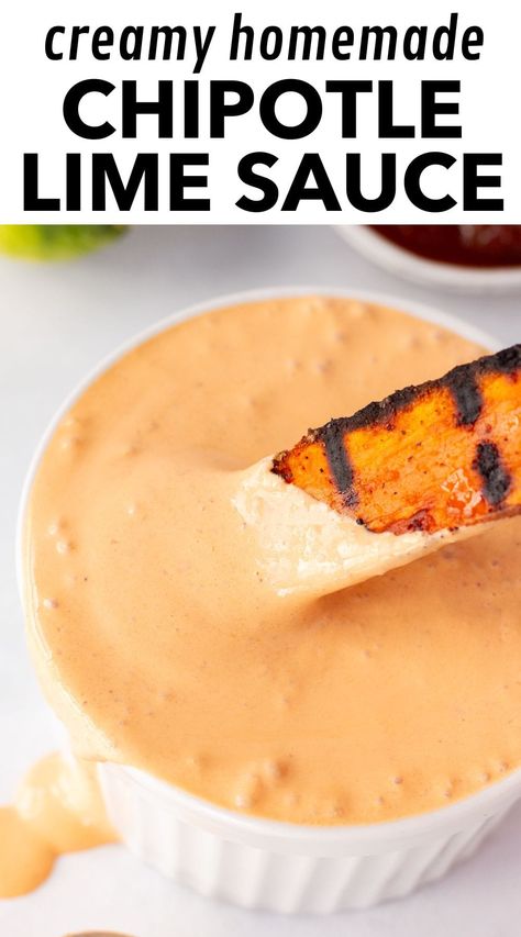 This chipotle lime sauce is a breeze to whip up, with only 4 ingredients that take just 5 minutes to come together. Plus it's versatile, doubling as a dipping sauce for veggies and fries or as a zesty topping for fish tacos. Featuring a smoky flavor and creamy texture, it's got just a little spiciness to it, which you can modify by adjusting the number of chipotle peppers you add. Whether you're craving a mild kick or something with a little heat, this sauce has you covered. Chipotle Sauce For Tacos, Chipotle Sauce Recipe For Fish Tacos, Shrimp Tacos Chipotle Sauce, Lime Sauce For Fish, Healthy Creamy Chipotle Sauce, Chipotle Sauce For Fish Tacos, Dipping Sauce For Veggies, Sauce For Fish Tacos, Chipotle Lime Sauce