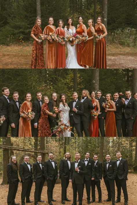 Wisconsin Terracotta Winter Wedding Colors and Bridal Party Photos | Chasing Sunsets Photo + Film. We loved photographing Sierra and Sean's wedding day in Saukville, Wisconsin at Abloom Farms. Sierra's lace wedding dress was one of the most stunning wedding dresses we have seen yet! with Sean's classic black wedding suit with bow ties. We loved hanging out with their winter wedding bridal party and all of the photos and poses we did. Visit the link to book Chasing Sunsets for your wedding day! Winter Wedding Bridal Party, Black Wedding Suit, Sunset Wedding Colors, Fall Wedding Colors October, Bridal Party Color Schemes, Funny Skits, Wedding Party Groomsmen, Wedding Party Poses, Bridal Parties Colors