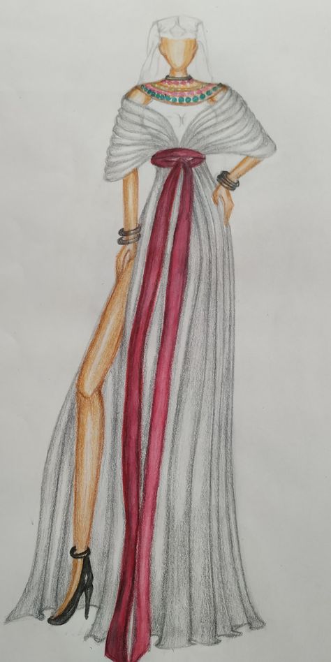 Illustration #fashion garment#ancient egypt# fashion designing# steadler work Ancient Egypt Fashion Illustration, New Kingdom Egypt Fashion, Egyptian Fashion Design, Egypt Fashion Illustration, Egypt Dress Fashion, Pharoah Egyptian Drawing, Egypt Inspired Fashion, Ancient Egypt Clothes, Ancient Egyptian Outfit