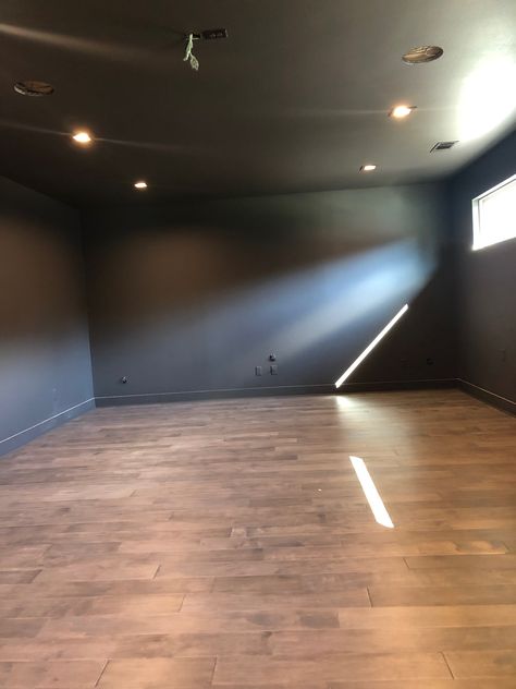 Small Moody Basement, Basement Ideas Black, Black Ceiling Dark Walls, Home Gym Dark Walls, Black Walls Game Room, Dark Cozy Basement Ideas, Black Walls Light Floors, Dark Grey Basement Walls, All Black Basement Ideas