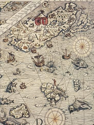 size: 12x9in Giclee Print: Carta Marina, Sea Map by Olaus Magnus, 1539 : Monster Bathroom, Pirate Map Tattoo, Whisky Cabinet, Maps Aesthetic, Sea Map, Map Tattoos, Nautical Map, Sea Monster, Client Management