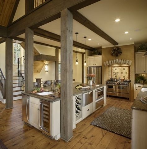 Love the beams. I love open floor plans, and keeping the beams makes it more rustic. I think it's great compromise, if you need to keep beams for support, then do it, it's still an open floor plan Support Beams, Rustic Kitchen Design, Smart Kitchen, Cozy Kitchen, Trendy Kitchen, Ideas Pictures, Traditional Kitchen, Beautiful Kitchens, Rustic Kitchen