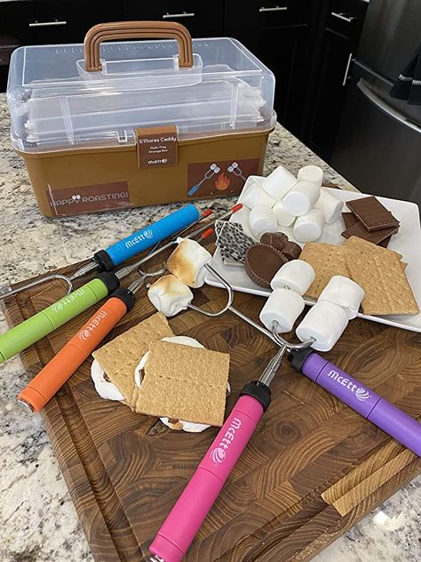 Smores Caddy - Multi-Tray S'mores Storage Box (Roasting Sticks ARE Included) & Fun Smores Stickers - Hold Marshmallows, Chocolate, Crackers, Candy, & Skewers - Camping & Campfire Accessories Kit Smores Kit Gift Basket, Smores Caddy, Candy Skewers, S'mores Box, Campfire Accessories, Camping Smores, Smores Kits, S Mores, Skewers