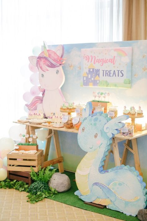 Mythical Creatures Birthday Party, Dragons And Unicorns, Dragons And Unicorns Birthday Party, Magical Creature Birthday Party, Unicorns And Dragons Birthday Party, Unicorns And Dragons Party, Dinosaurs And Unicorns Party, Unicorn And Dinosaur Party Decorations, Magical Creatures Birthday Party