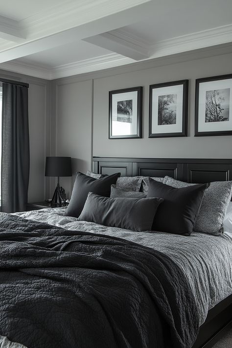 Black and grey bedroom ideas for couples create a sophisticated and romantic retreat. Explore charcoal walls, black furniture, and silver accents. Discover grey upholstered headboards, black and white photography, and metallic light fixtures.  Find inspiration for black bedding with grey throw pillows, geometric area rugs, and minimalist artwork to design a bedroom retreat that balances dark tones with softer grey hues. Dark Gray Walls Bedroom, Bedroom Ideas Black Bed, Bedroom Inspirations Men, Guy Bedroom Ideas, Black And Grey Bedroom Ideas, Grey Duvet Set, Men’s Bedroom Ideas, Bedroom Color Ideas, Gray Bedroom Ideas