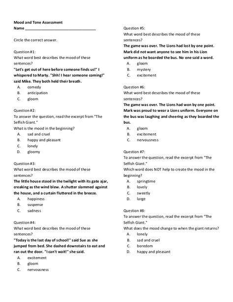 Mood and tone assessment Tone And Mood Worksheet, Mental Attitude, Vocabulary List, 6th Grade Ela, Mood And Tone, Close Reading, Math Worksheet, Answer Keys, Mini Lessons