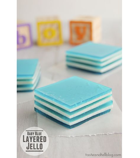 Baby Blue Layered Jello ....for a baby boy shower...but just think of all the other fun ideas and color!! Layered Jello Recipe, Layered Jello, Blue Jello, Baby Shower Menu, Boy Baby Shower Ideas, Jello Desserts, Shower Desserts, Baby Shower Desserts, Jello Recipes