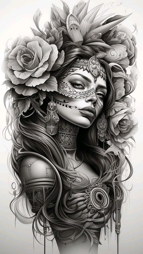 Face Women Tattoo, Faces Tattoo Design, Women Leg Sleeve Tattoo, Beautiful Spine Tattoos, Expressions Art, Aztec Warrior Tattoo, Art In Bloom, Female Warrior Tattoo, Aztec Artwork