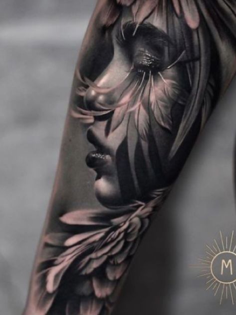 Trippy Realism Tattoo, Black And Grey Realism Tattoo Sleeve Women, Ulna Tattoo, Black And Grey Realism Tattoo Design, Realism Tattoo Sleeve Women, Dark Sleeve Tattoos For Women, Realism Portrait Tattoo, Angel Tats, Throat Tattoo Ideas