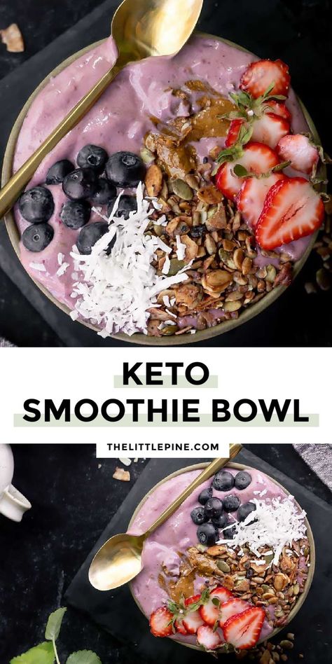 *NEW* Berries, silky smooth texture, delectably sweet flavor, and tasty toppings make this keto smoothie bowl strawberry a joy to get out of bed! #ketosmoothiebowl #lowcarbsmoothiebowl #lowcarbbreakfast #ketobreakfast #lowcarbbreakfasts #ketobreakfasts #lowcarbbreakfastideas #ketobreakfastideas Keto Breakfast Shake Smoothie Recipes, Vegan Keto Smoothie, Smoothie King Bowl, Keto Smoothie Bowl Recipes, Keto Acai Bowl Recipe, Keto Drinks And Smoothies Recipes, Keto Acai Bowl, Low Carb Smoothie Bowl, Keto Smoothie Bowl