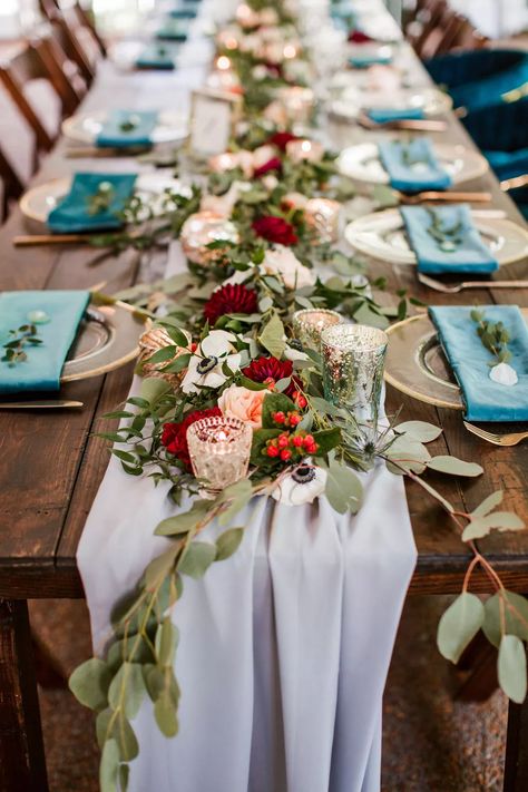 elegant modern rustic wedding reception table Simple But Elegant Wedding, Red Garden Wedding, Rustic Ocean Wedding, Burgundy Summer Wedding, Periwinkle And Red Wedding, Powder Blue And Burgundy Wedding, Coastal Garden Party Wedding, Light Blue Red Pink Wedding, Dusty Blue And Cranberry Wedding