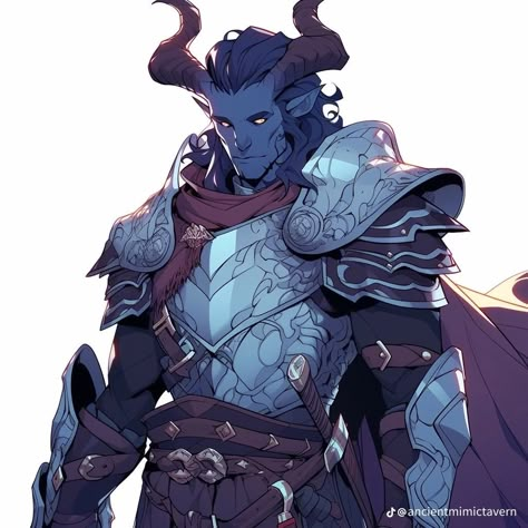 Family Character Art, Dnd Oni, Genasi Paladin, Tiefling Paladin Male, Dnd Blue Tiefling Male, Blue Tiefling Male, Dnd Character Design Male Tiefling, Tiefling Fighter Male, Tiefling Divination Wizard