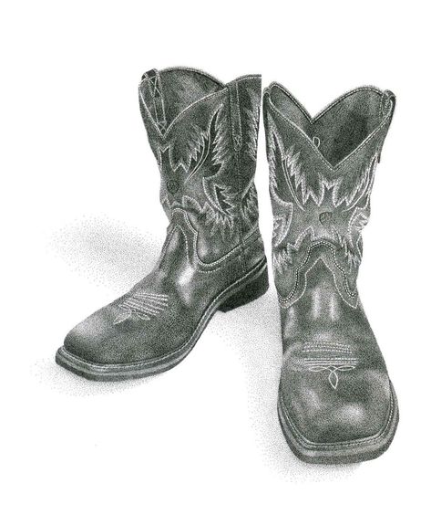 Cowboy boots stippling drawing on 8x10, completed in 2019 by Cora Worthington Cowboy Boots Art Reference, Cowboy Boot Drawing Reference, Cowboy Boots Reference, How To Draw Cowboy Boots, Cowboy Boots Sketch, Cowboy Boot Outline Drawing, Cowboy Boot Design Drawing, Cowboy Boot Drawing, Cowboy Boots Drawing