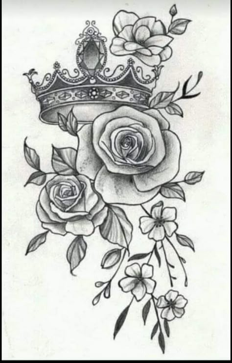 Queen Crown With Flowers Tattoo, Violets Tattoo Design, Crown And Flower Tattoo, Crown With Flowers Tattoo, Crown Tattoos For Women, Tattoos Sketches, Half Sleeve Tattoos Sketches, Half Sleeve Tattoo Stencils, Violet Tattoo