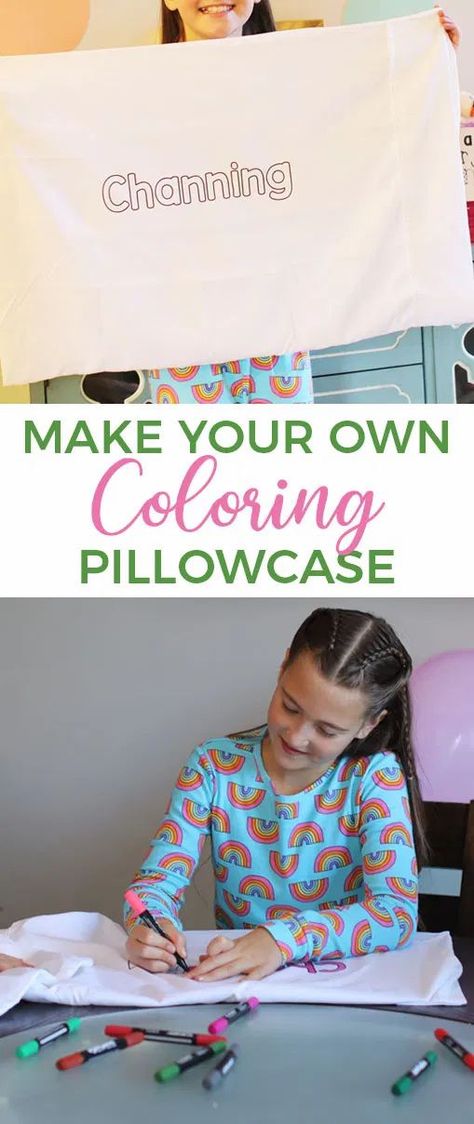 DIY Coloring Pillowcase via @brookeberry Slumber Party Crafts, Pillow Case Crafts, Pajama Birthday Parties, Coloring Canvas, Make Your Own Pillow, Girls Slumber Party, Pillow Cases Diy, Kids Pillow Cases, Personalized Pillow Cases