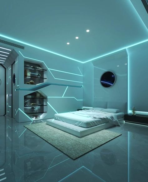 Cybercore House, Futuristic Bedroom Aesthetic, Futuristic Room Aesthetic, Cybercore Bedroom, Spaceship Interior Bedrooms, Cyberpunk Home, Cybercore Room, Futuristic Rooms, Crochet Tops Ideas