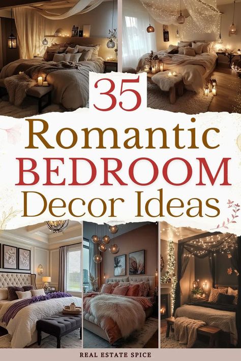 Fall in love with your bedroom all over again! My romantic bedroom design guide showcases 35 of the best decor ideas, including innovative lighting solutions, bedroom design tips to create an enchanting bedroom. I share styling ideas and home decor suggestions that help you embrace trending styles while keeping the space cozy and inviting. Get ready to create a romantic atmosphere that reflects your personal taste! RealEstateSpice.com #RomanticBedroomIdeas Bedroom Decor For Married Couples, Beautiful Bedroom Decor Ideas, Decorate Master Room Ideas, Valentines Bedroom Decor Romantic, Bedroom Oasis Romantic, Femine Bedroom Ideas Home Decor, Small Romantic Bedroom, Warm Cozy Bedroom Ideas Romantic, Bedroom Inspirations Cozy Romantic