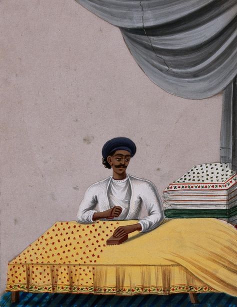 A man block printing on textiles. Gouache painting on mica by an Indian artist. | Wellcome Collection Colonial Art, Wellcome Collection, Block Printed Textiles, Indian Furniture, Indian Artist, Indian Block Print, Brown Art, Indian Textiles, Indian Art Paintings