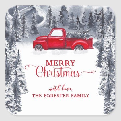 Merry Christmas Rustic Vintage Red Truck Gift Square Sticker - christmas stickers xmas eve custom holiday merry christmas Red Truck Christmas Tree, Tree Favors, Truck Christmas Tree, Holiday Envelopes, Red Truck Christmas, Christmas Red Truck, Vintage Red Truck, Watercolor Christmas Tree, Merry Christmas Vintage