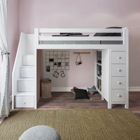 Harriet Bee Ayres Twin Loft Bed with Drawers and Shelves & Reviews | Wayfair Girls Loft Bed, Loft Beds For Small Rooms, Bed With Stairs, A Loft Bed, Wood Loft Bed, Beds For Small Rooms, Loft Bed Plans, Diy Loft Bed, Drawers And Shelves