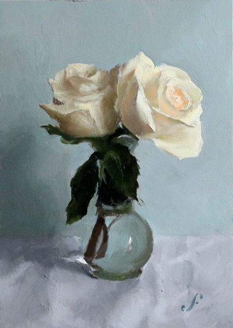 White Rose Painting, Two Roses, Rose Oil Painting, White And Pink Roses, Flower Canvas Art, Still Life Flowers, About Relationships, Acrylic Pouring Art, Roses Drawing