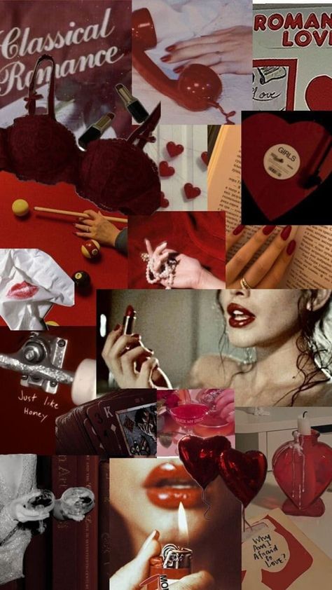 Just Like Honey Aesthetic Mood Board Collage - Digital Download  Description: Indulge in the allure of our "Just Like Honey" aesthetic mood board collage. This striking piece features a captivating collection of lipstick marks 💋, cigarettes 🚬, red nails 💅, pearls 💍, pool tables 🎱, hearts ❤️, and more, all in a rich cherry red theme. Perfect for adding a touch of boldness and elegance to your space. Digital Download: This is a digital download; no physical product will be shipped 📧. Upon pu Mood Board Collage, Honey Aesthetic, Board Collage, Lipstick Mark, Heart Art Print, Pool Tables, Simple Iphone Wallpaper, Mood Board Fashion, Red Wallpaper