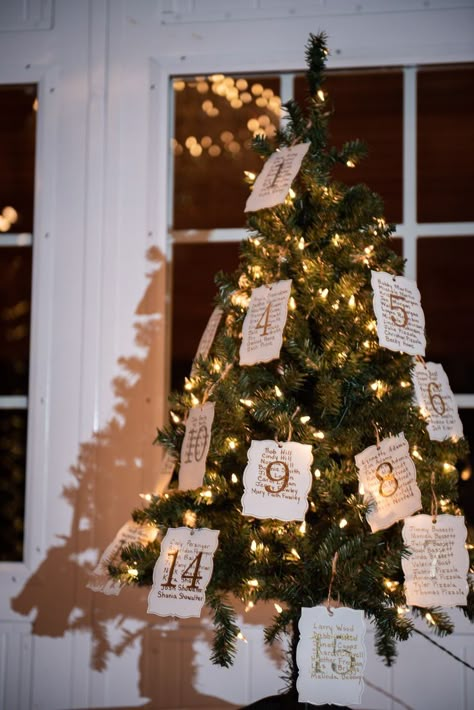 Christmas Tree Seating Chart Wedding, Unique Seating Chart Winter, Seating Chart Wedding Winter, Winter Wedding Table Assignments, Christmas Head Table Wedding, December Wedding Seating Chart, Winter Wedding Table Numbers Ideas, Seating Chart Wedding Ideas Christmas, Wedding Seating Chart Christmas