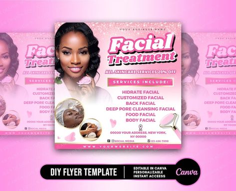 DIY Facial Treatments Flyer, Spa Editable Flyer, Spa Services Flyer, Facial Beauty Flyer, Social Media Flyer Back Facial, Diy Facial, Facial Spa, Spa Services, Font Styles, Flyer Template, Facial, Spa, Beauty Book