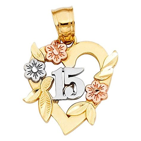 14K Tri Color Solid Gold 15 Years Quinceanera Years Heart Pendant Quinceanera Flowers, Rose Gold Quinceanera, Quinceanera Jewelry, Birthday Heart, 15 Birthday, Tiny Pendant, Sweet 15, Floral Pendant, 15th Birthday