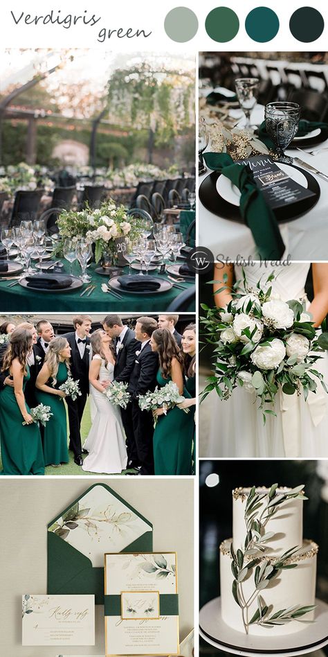 Jade Green Wedding Theme, Green Silver Wedding, Emerald Green Wedding Ideas, Emerald Wedding Colors, Emerald Green Wedding Theme, Black Wedding Invitation, Spring Wedding Color Palette, Dark Green Wedding, Jade Wedding